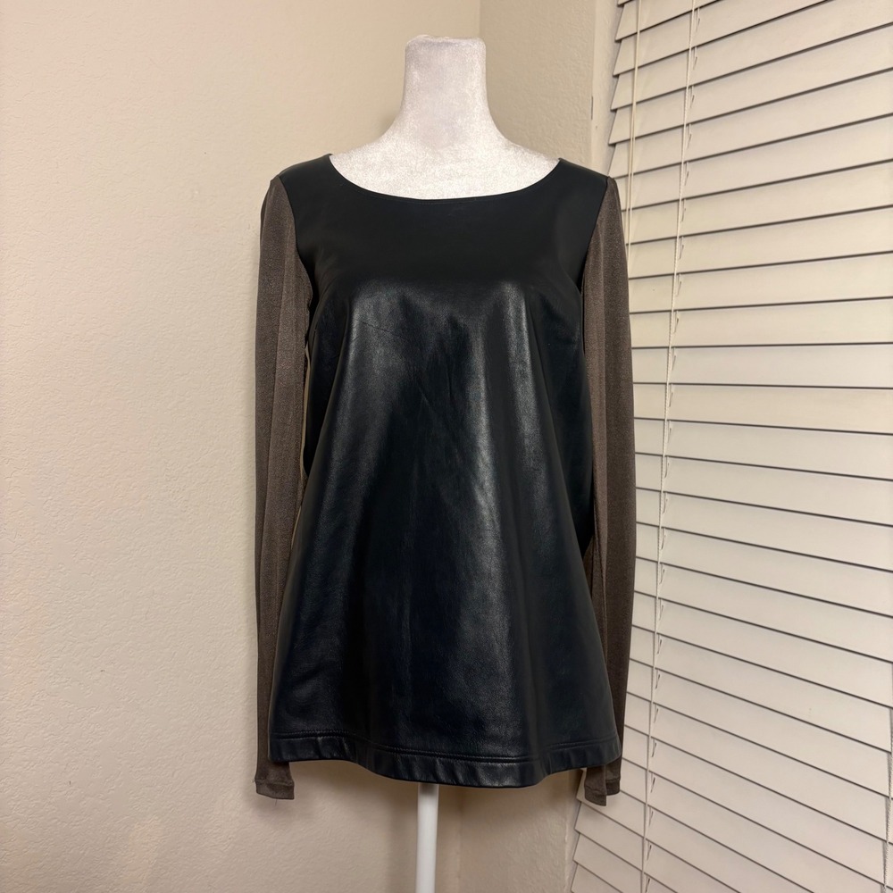 Beckley by Melissa S Leather Front Navy Taupe Long Sleeve Colorblock Lagenlook